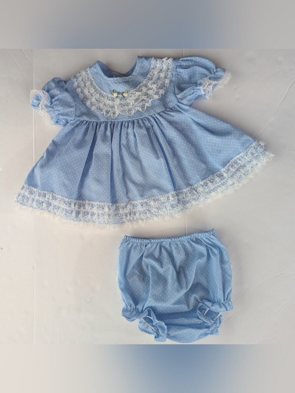 Vtg Cutest One Dress 6m Blue Polka Dot Lace Frilly